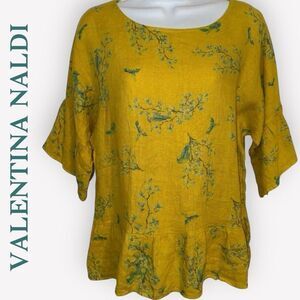 VALENTINA NALDI ITALY Linen Belled Sleeve Flounce Ruffled Hem Top EUC Size Small